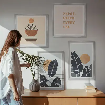 Conjunto de 4 quadros com moldura com estampas minimalistas de plantas e sóis grandes
