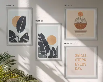 Conjunto de 4 quadros com moldura com estampas minimalistas de plantas e sóis grandes