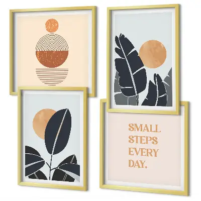 Conjunto de 4 quadros com moldura com estampas minimalistas de plantas e sóis grandes