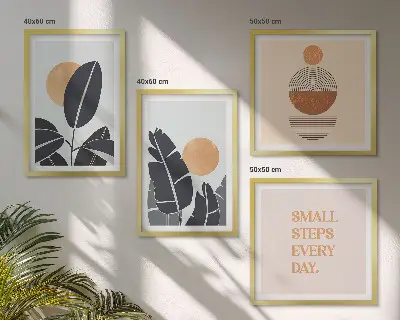 Conjunto de 4 quadros com moldura com estampas minimalistas de plantas e sóis grandes
