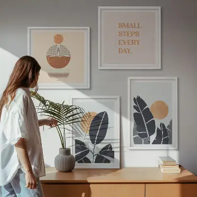 Conjunto de 4 quadros com moldura com estampas minimalistas de plantas e sóis grandes