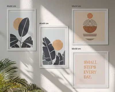 Conjunto de 4 quadros com moldura com estampas minimalistas de plantas e sóis grandes