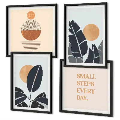 Conjunto de 4 quadros com moldura com estampas minimalistas de plantas e sóis grandes