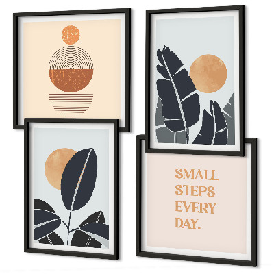 Conjunto de 4 quadros com moldura Padrões de plantas grandes sóis minimalistas