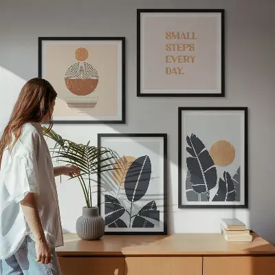 Conjunto de 4 quadros com moldura com estampas minimalistas de plantas e sóis grandes