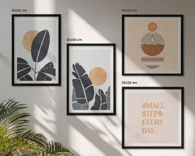 Conjunto de 4 quadros com moldura com estampas minimalistas de plantas e sóis grandes