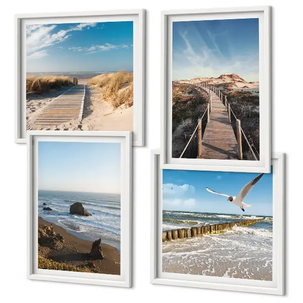 Conjunto de 4 quadros com moldura ondas da praia e caminhada no píer suspenso