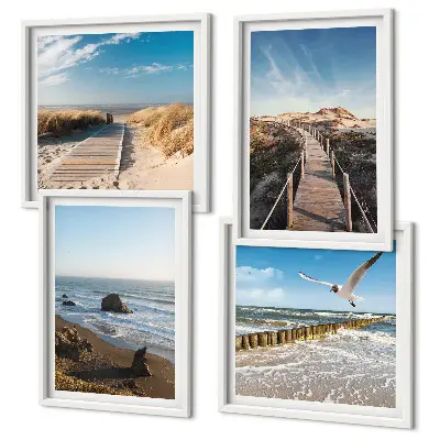 Conjunto de 4 quadros com moldura ondas da praia e caminhada no píer suspenso