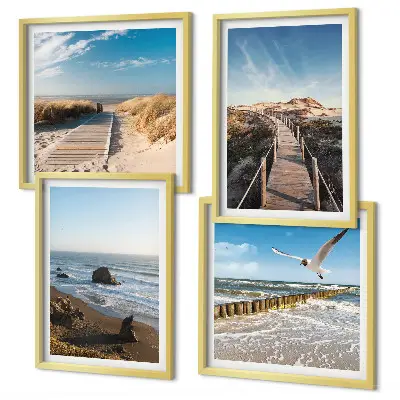 Conjunto de 4 quadros com moldura ondas da praia e caminhada no píer suspenso