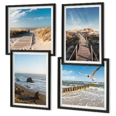 Conjunto de 4 quadros com moldura ondas da praia e caminhada no píer suspenso