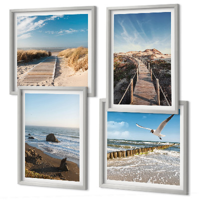 Conjunto de 4 quadros com moldura ondas da praia, caminhada no píer suspenso