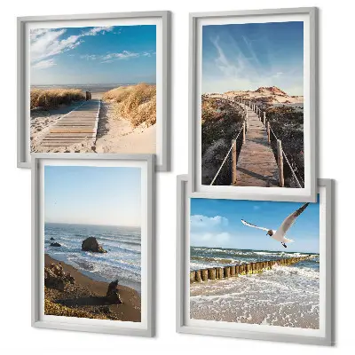 Conjunto de 4 quadros com moldura ondas da praia e caminhada no píer suspenso
