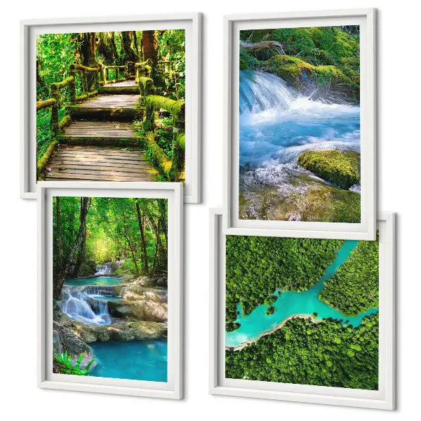 Conjunto de 4 quadros com moldura estampa de florestas verdejantes e águas cristalinas