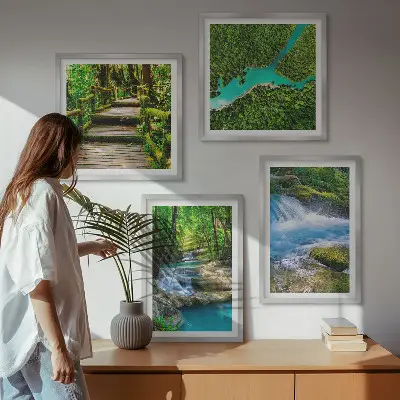 Conjunto de 4 quadros com moldura estampa de florestas verdejantes e águas cristalinas
