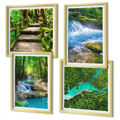 Conjunto de 4 quadros com moldura estampa de florestas verdejantes e águas cristalinas