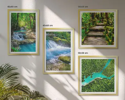 Conjunto de 4 quadros com moldura estampa de florestas verdejantes e águas cristalinas