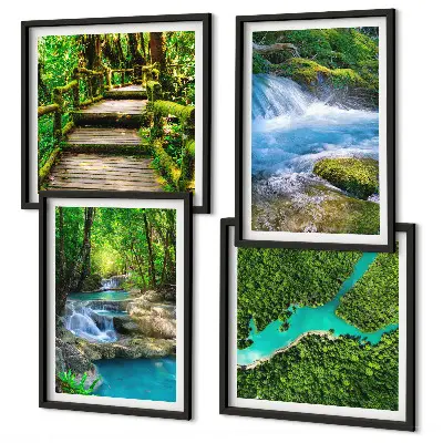Conjunto de 4 quadros com moldura estampa de florestas verdejantes e águas cristalinas