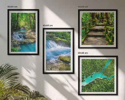 Conjunto de 4 quadros com moldura estampa de florestas verdejantes e águas cristalinas