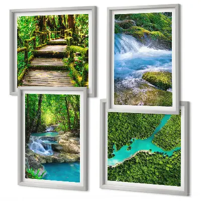 Conjunto de 4 quadros com moldura estampa de florestas verdejantes e águas cristalinas