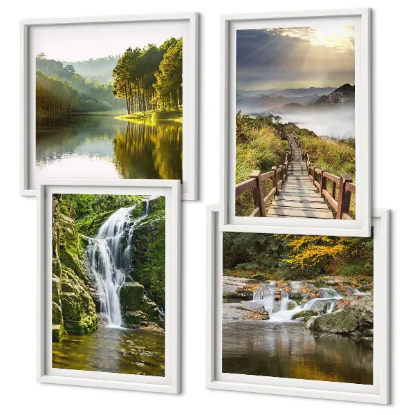 Composição de quadros com temática de cachoeiras, montanhas, nuvens e outono