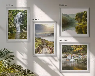 Composição de quadros com temática de cachoeiras, montanhas, nuvens e outono