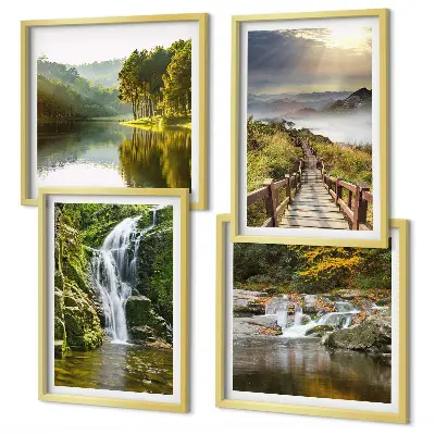 Composição de quadros com temática de cachoeiras, montanhas, nuvens e outono