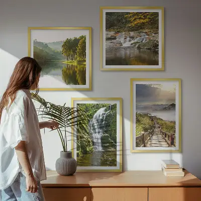 Composição de quadros com temática de cachoeiras, montanhas, nuvens e outono
