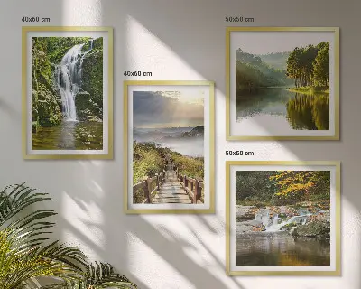 Composição de quadros com temática de cachoeiras, montanhas, nuvens e outono