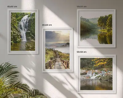 Composição de quadros com temática de cachoeiras, montanhas, nuvens e outono