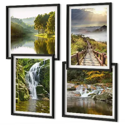 Composição de quadros com temática de cachoeiras, montanhas, nuvens e outono