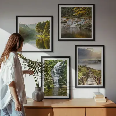 Composição de quadros com temática de cachoeiras, montanhas, nuvens e outono