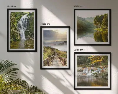 Composição de quadros com temática de cachoeiras, montanhas, nuvens e outono