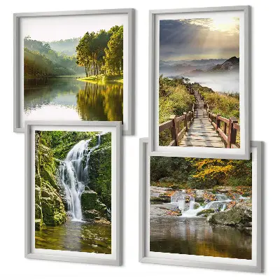 Composição de quadros com temática de cachoeiras, montanhas, nuvens e outono