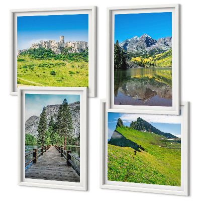 Conjunto de 4 quadros com moldura Colinas verdes com um castelo