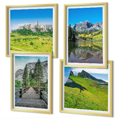 Conjunto de 4 quadros com moldura Colinas verdes com um castelo