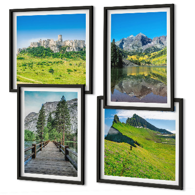 Conjunto de 4 quadros com moldura Colinas verdes com um castelo