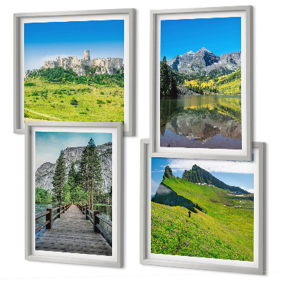 Conjunto de 4 quadros com moldura Colinas verdes com um castelo