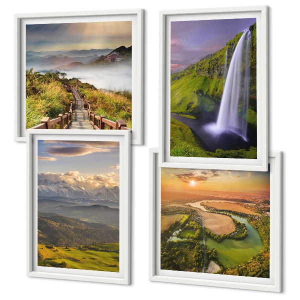 Políptico com moldura Vistas de montanhas, rios e cachoeiras.