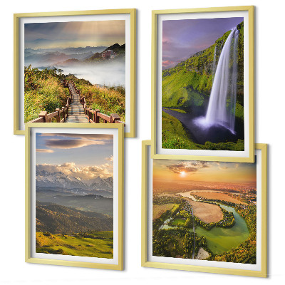 Políptico com moldura Vistas de montanhas, rios e cachoeiras.
