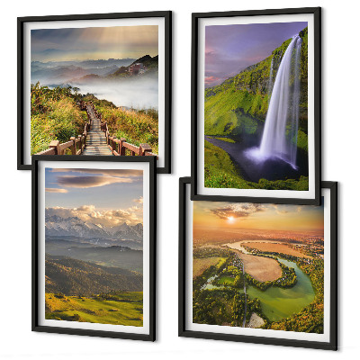 Políptico com moldura Vistas de montanhas, rios e cachoeiras.