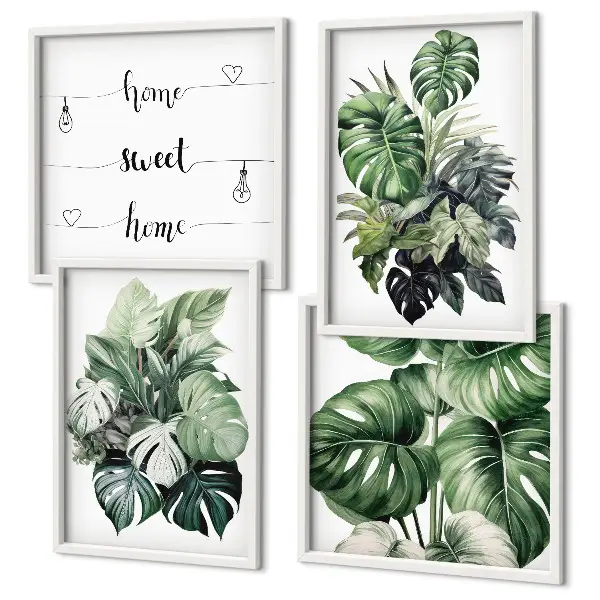 Conjunto de quadros com folhas tropicais verdes em aquarela