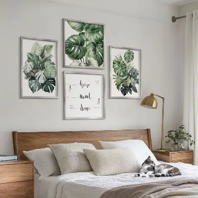 Conjunto de quadros com folhas tropicais verdes em aquarela
