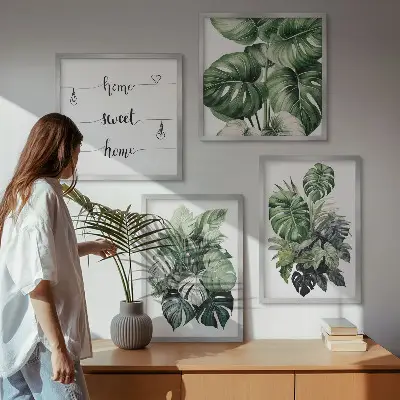 Conjunto de quadros com folhas tropicais verdes em aquarela