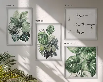 Conjunto de quadros com folhas tropicais verdes em aquarela