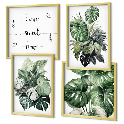 Conjunto de quadros com folhas tropicais verdes em aquarela