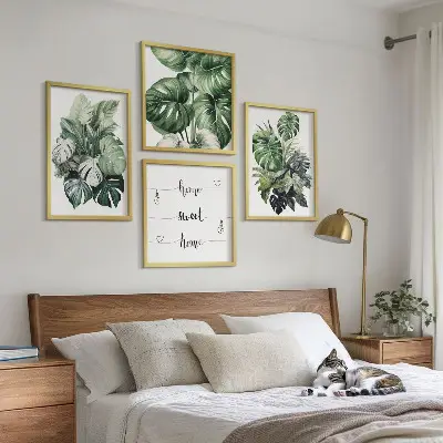 Conjunto de quadros com folhas tropicais verdes em aquarela