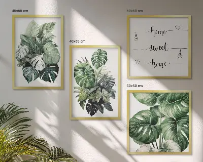 Conjunto de quadros com folhas tropicais verdes em aquarela