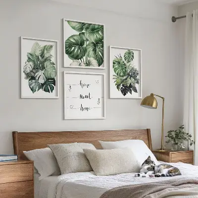 Conjunto de quadros com folhas tropicais verdes em aquarela