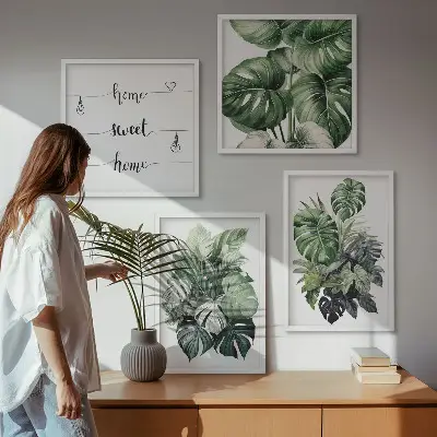 Conjunto de quadros com folhas tropicais verdes em aquarela