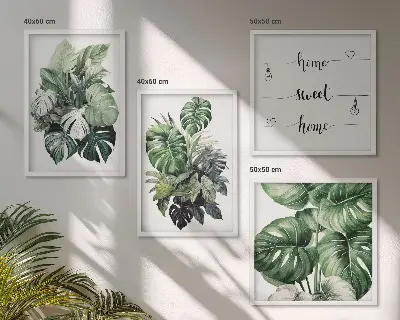 Conjunto de quadros com folhas tropicais verdes em aquarela